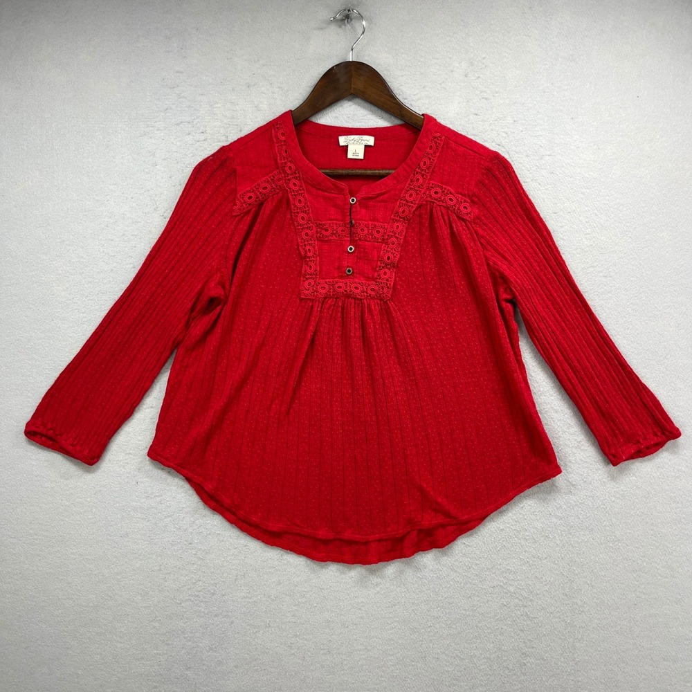 Lucky Brand Blouse Womens L Red Lace Trim Textured Boho Peasant Long Sleeve Top